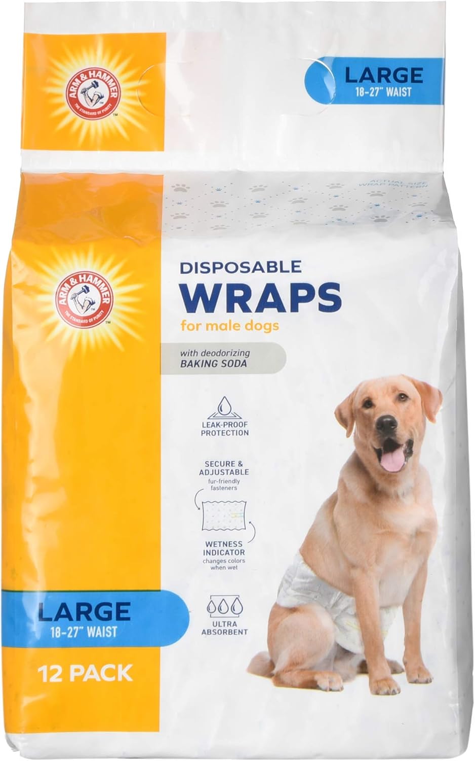 Arm & Hammer for Pets Male Dog Wraps, Size Large, 12 Count | Ultra-Absorbent, Adjustable Male Dog Diapers with Leak-Proof Protection and Wetness Indicator for Large Dogs