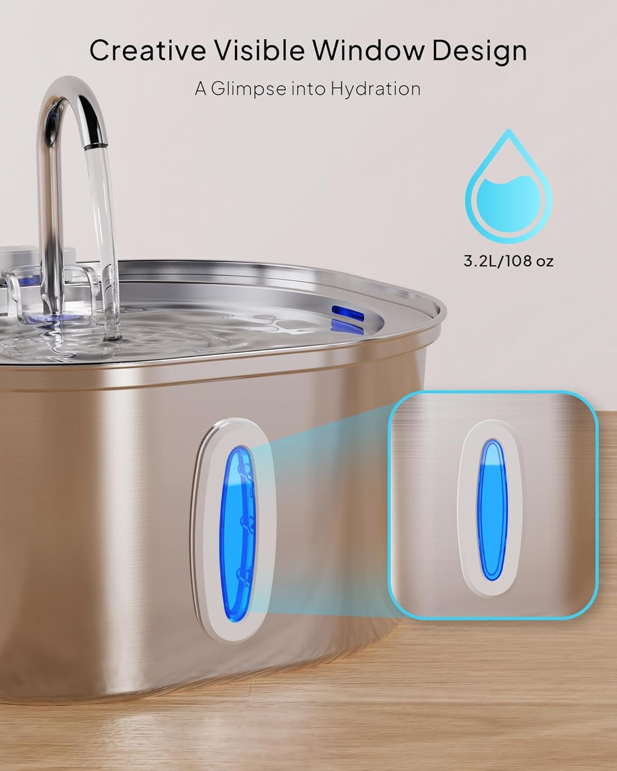 Stainless Steel Cat Water Fountain, 3.2L/108oz Cat Water Dispenser with Quiet Water Pump and Water-Level Window, Dishwasher Safe Pet Drinking Fountain for Cats with 3 Filters + 3 Sponges