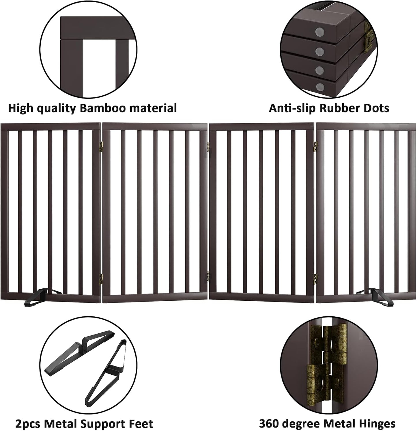 Dog Gate for Doorways 32" Tall Freestanding Dog Gate for Stair Foldable Pet Gate for Dogs Indoor (Brown,4 Panel)