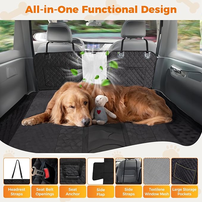 KingCamp Dog Car Seat Cover for Back Seat, Waterproof Scratch Proof Dog Hammock with Hard Bottom 600D Heavy Duty Nonslip Durable Seat Protector with Mesh Window for Cars, SUV, 64" x 54"