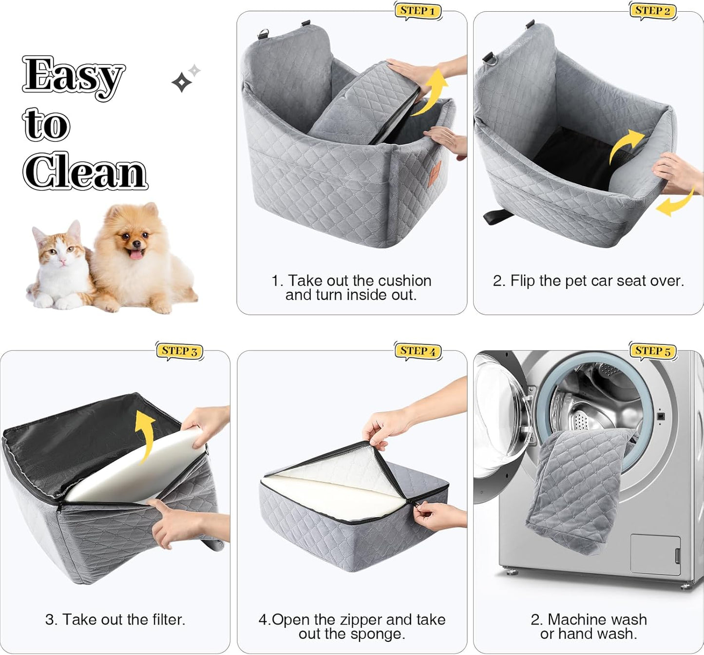 Dog Car Seat for Small/Medium Dogs up to 35 lbs, Memory Foam Pet Booster Seat with Detachable Washable Cover, Portable Pet Bed for Cars with Safety Belts and Storage Pockets(Grey, Medium)