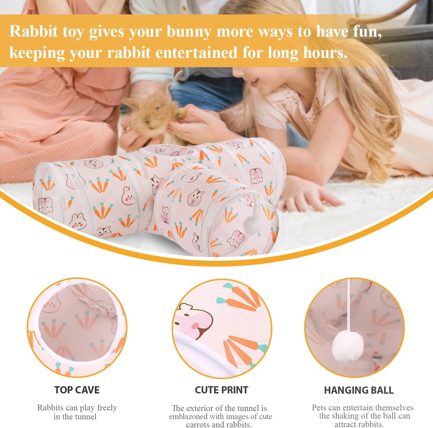 HERCOCCI Rabbit Toys, Bunny Tunnels & Tubes, Collapsible 3 Way Rabbit Hideout Tunnel with Chew Toys for Bunny Guinea Pig Ferret Kitten
