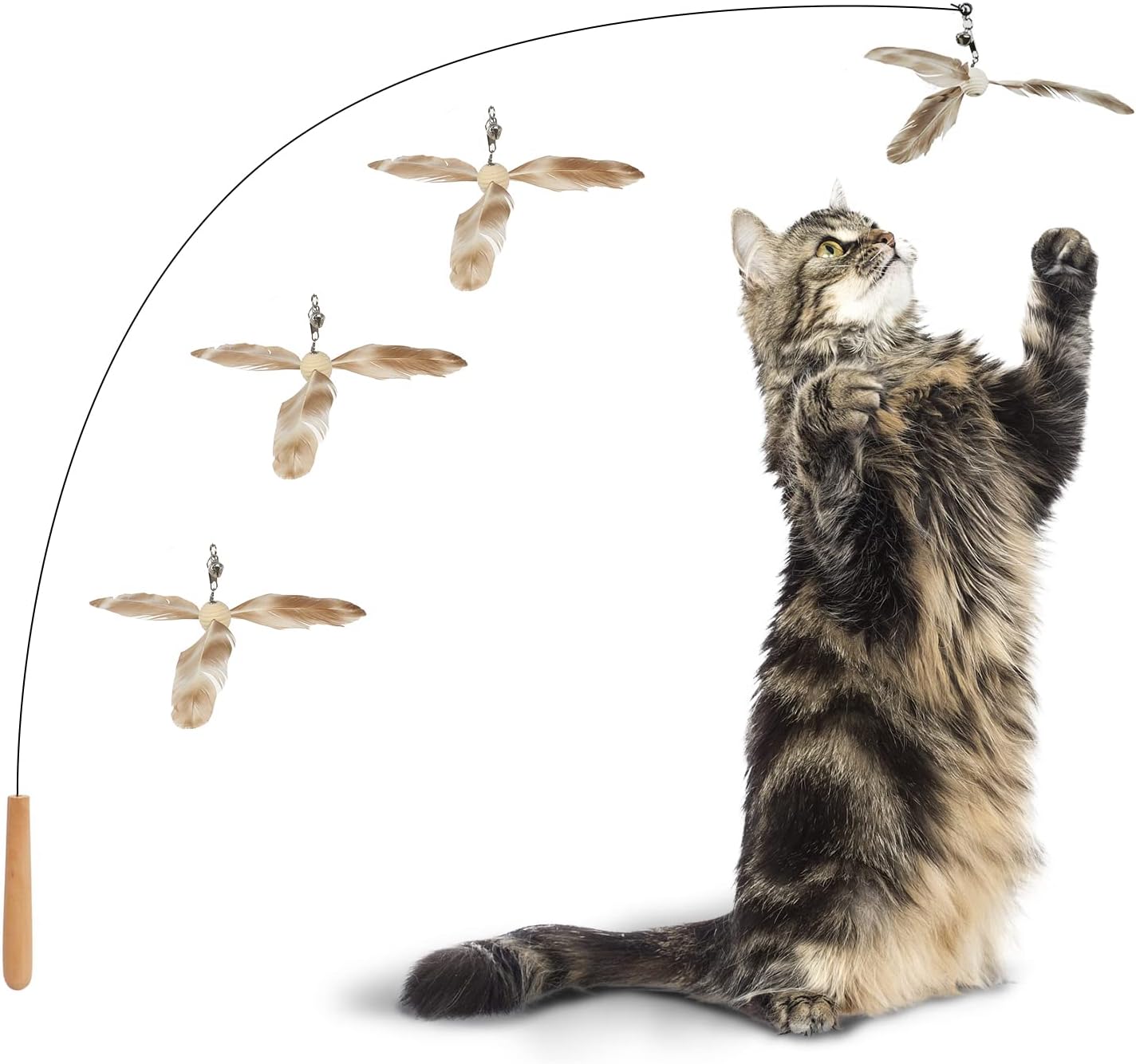 FUKUMARU Cat Wand Toy, 35.5 Inch Cat Feather Propeller Toy with Bell, Steel Wire Cat Toy for Indoor Cats with 4PCS Natural Feather