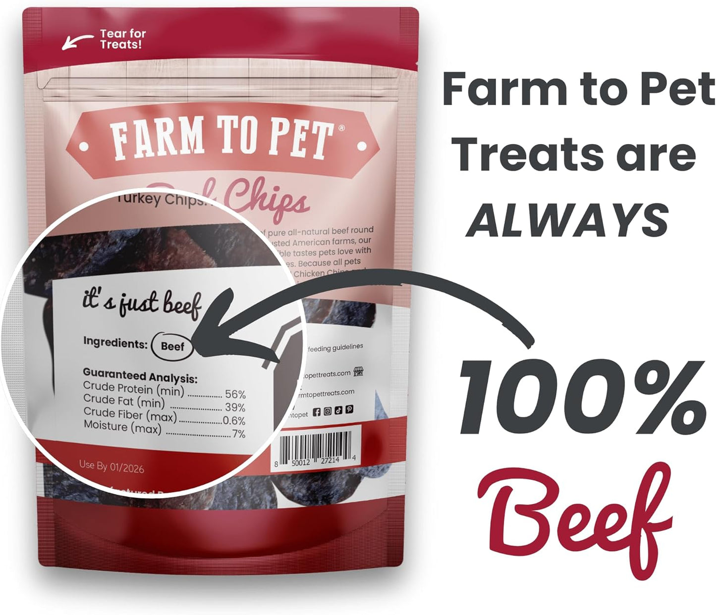 Farm To Pet - Dog Training Treats - 4 oz Beef Chips, Single Ingredient, Lean, All Natural, Healthy Treats for Small, Medium, Large Dog Breeds, & Puppies, Made in USA