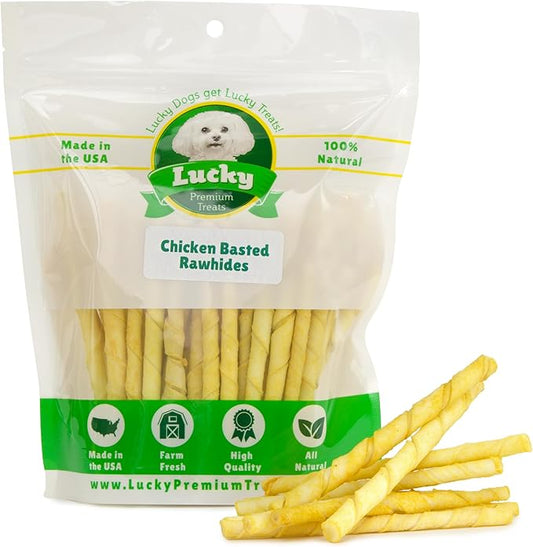 Chicken Basted Rawhide Twist Sticks Dog Treats – 325ct. Premium Rawhide Chew Sticks – Long Lasting Chicken Flavored Chews for Small Dogs Made in USA with Natural Beef Hide