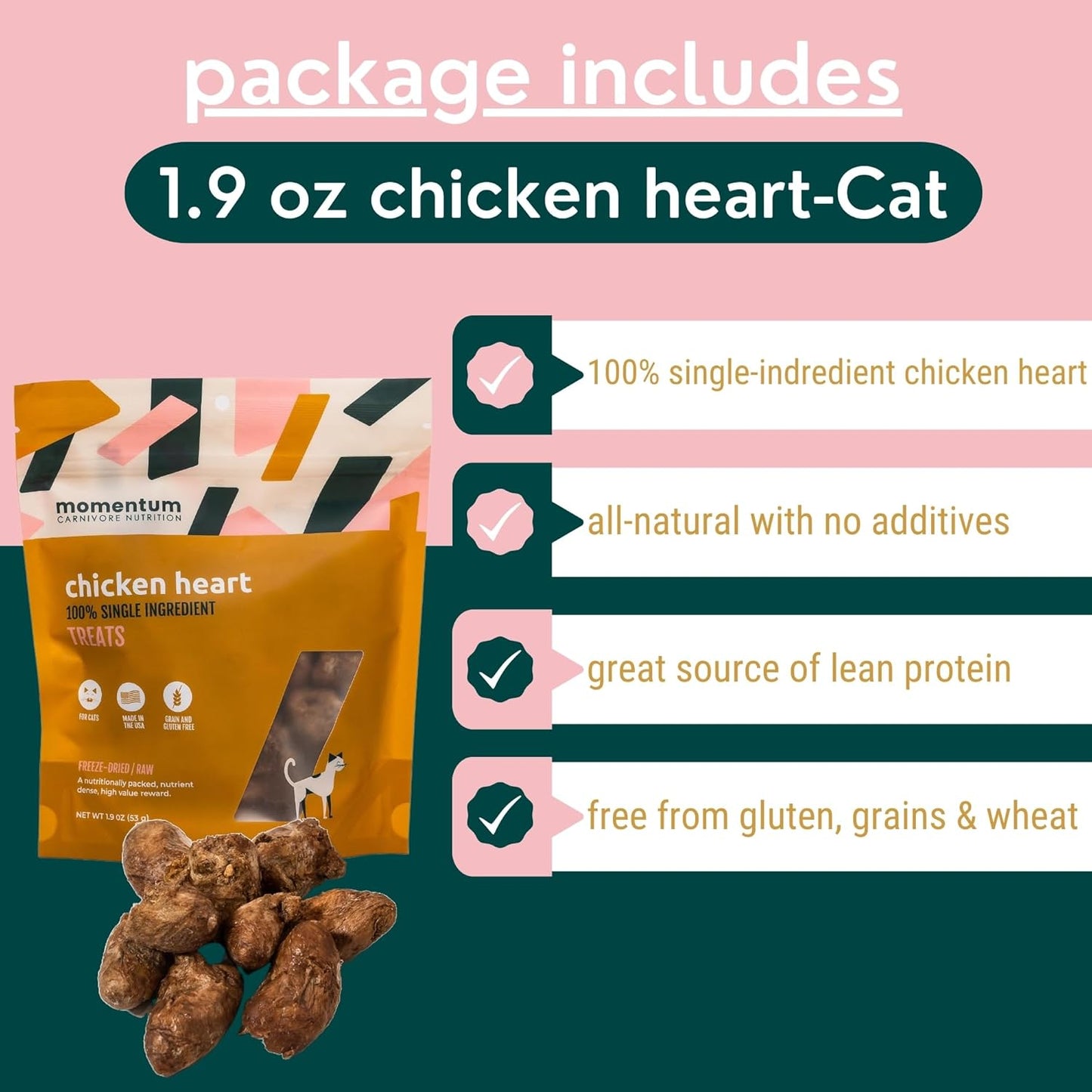 Momentum Carnivore Nutrition Freeze-Dried Chicken Heart Cat Treats – Single-Ingredient, All-Natural, Grain-Free Treats – 1.9 oz Bag