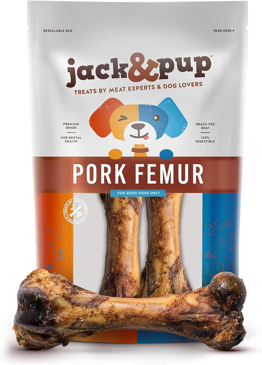 Jack&Pup Pork Femur Bones for Dogs Long Lasting | Gourmet Beef Dog Bones | Single Ingredient, Savory, Rawhide Free (2 Pack)