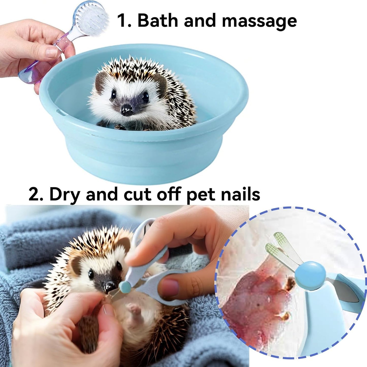 JSLZF Hedgehog Supplies Bath Kit Plastic Foldable Hedgehog Bathtub, Nail Clippers, 2PCS Bathing Brush, Towel, Pet Guinea Pig Bath for Small Animal