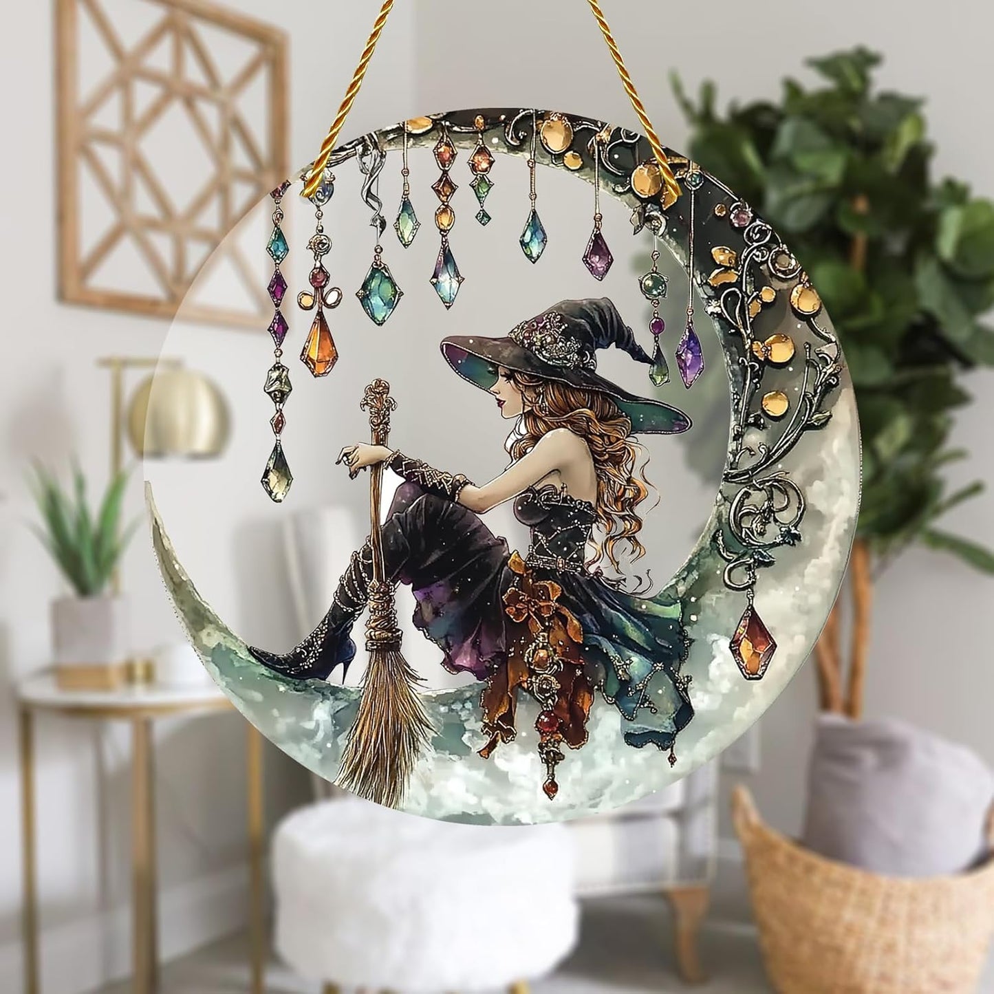 8x8 inch Charming Moonlight Witch Acrylic Stained Glass Window Hanging Sun Catcher Decor Stained Panel Hangings Wall Art Decor, for Friends and Family (Moonlight Witch)