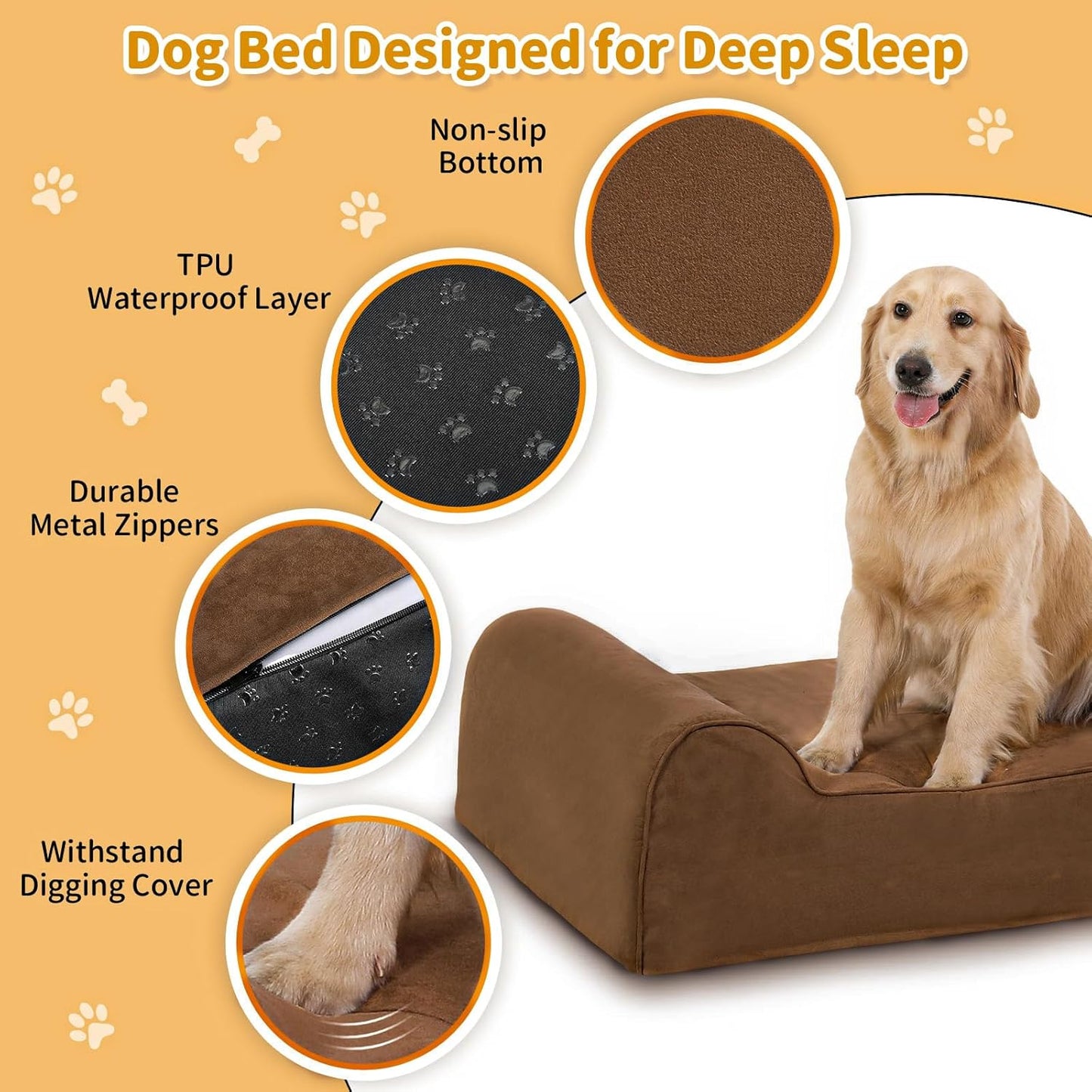 Orthopedic Dog Beds for Large Dogs, Memory Foam Dog Beds with Waterproof Liner, Chew Proof Microsuede Cover, Removable and Washable, Nonskid Bottom, 48"x30"x7" Chocolate