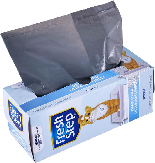 Fresh Step Drawstring Cat Litter Box Liners, Unscented - Kitty Litter Bags for Rectangle or Oval Large Litterboxes, Size Large, 30" x 17" - 7 Count