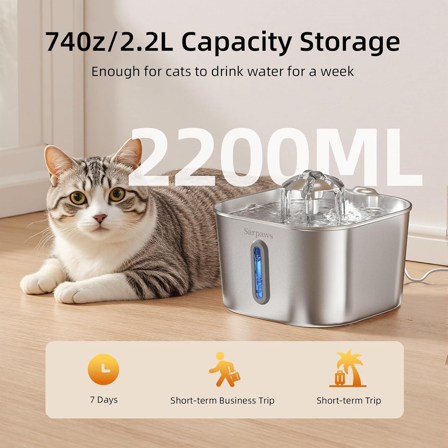Cat Water Fountain Stainless Steel：74oz/2.2L Water Fountains for Cats Indoor, Cat Fountains for Drinking, Ultra-Quiet, Water Level Window, Pet Water Fountain - 2 Filters + 2 Sponges