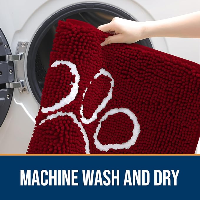 OLANLY Door Mat for Muddy Dog Paws 36x24, Ultra Absorbent Chenille Mud Doormat with Paw Print Design, Non-Slip Washable Doormat for Indoor Entryway, Quick-Dry Pet Bed Mats for Dirty Dogs, Red