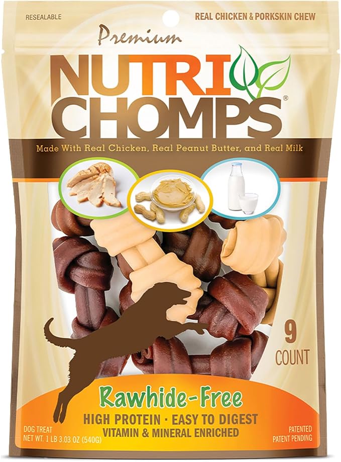 NutriChomps Dog Chews, 4-inch Knots, Easy to Digest, Rawhide-Free Dog Treats, 9 Count, Real Chicken, Peanut Butter and Milk flavor
