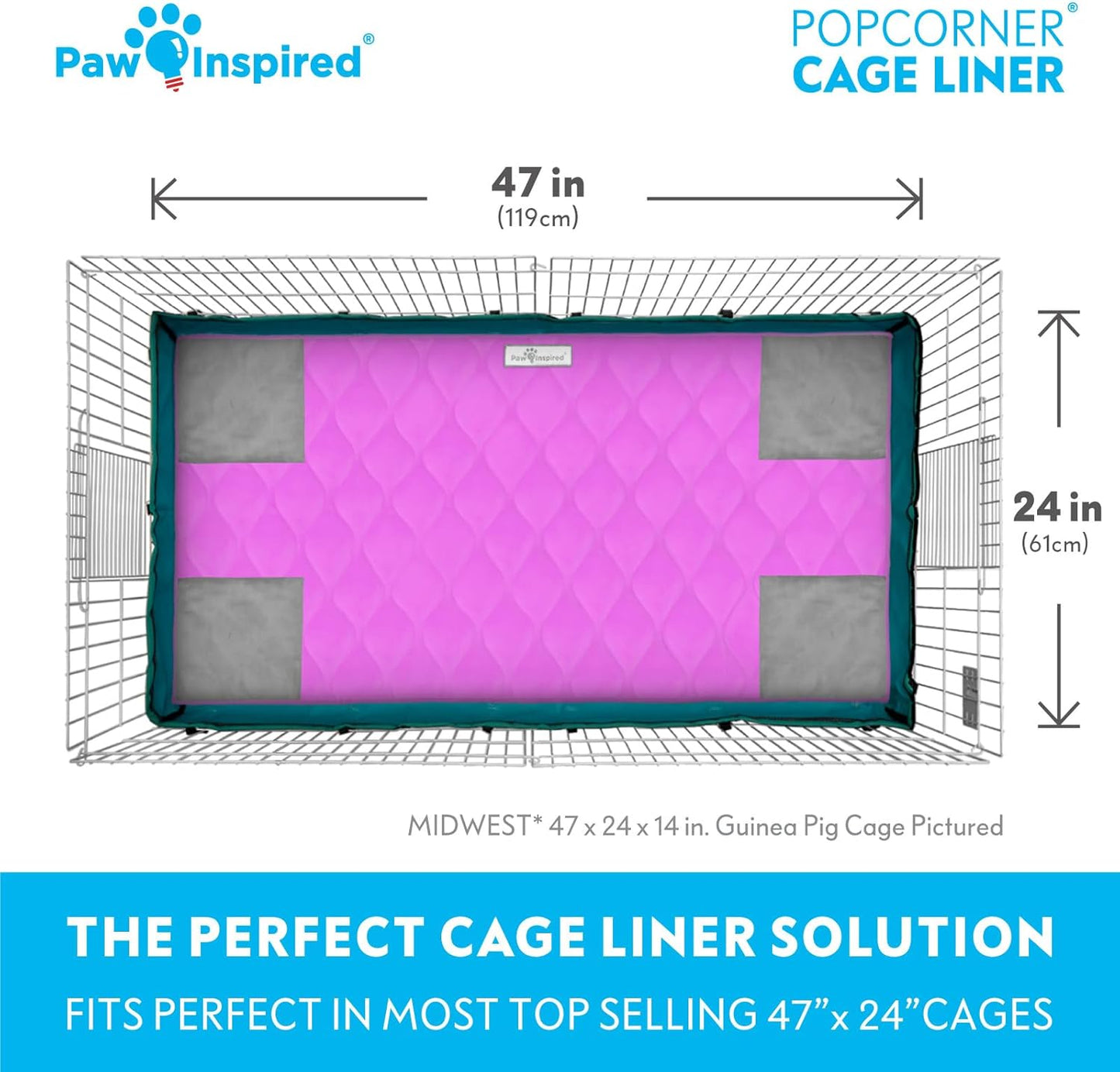 Paw Inspired PopCorner Guinea Pig Cage Liners | Washable Fleece Bedding or Pet Bed Mat for Small Animals | Super Absorbent Pee Pad with Reinforced Corners and Waterproof Bottom (Midwest, Pink)