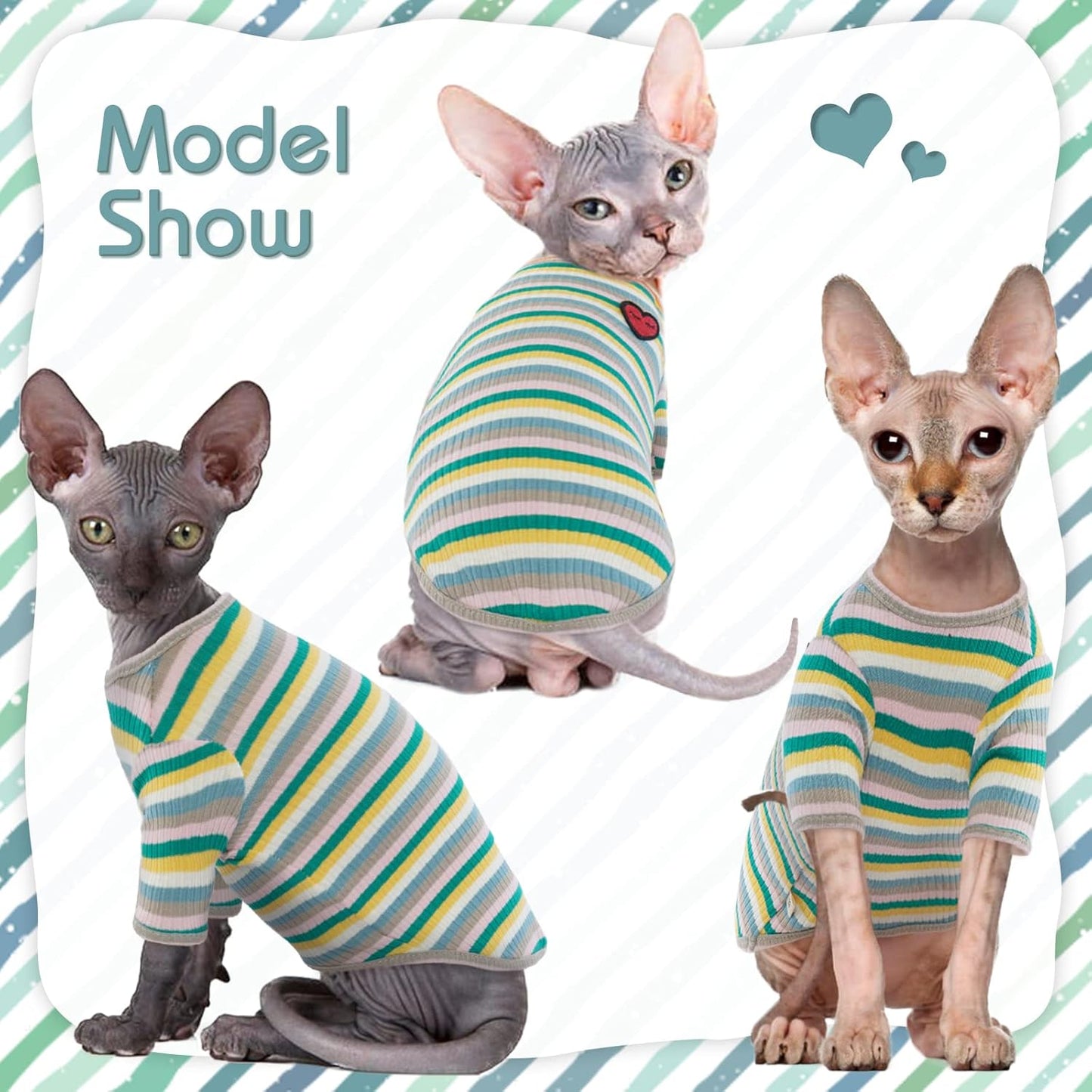 DENTRUN Hairless Cats Shirt Breathable Cat Daily Wear Clothes Stripe Vest Adorable Pajamas Jumpsuit Soft & Skin-Friendly