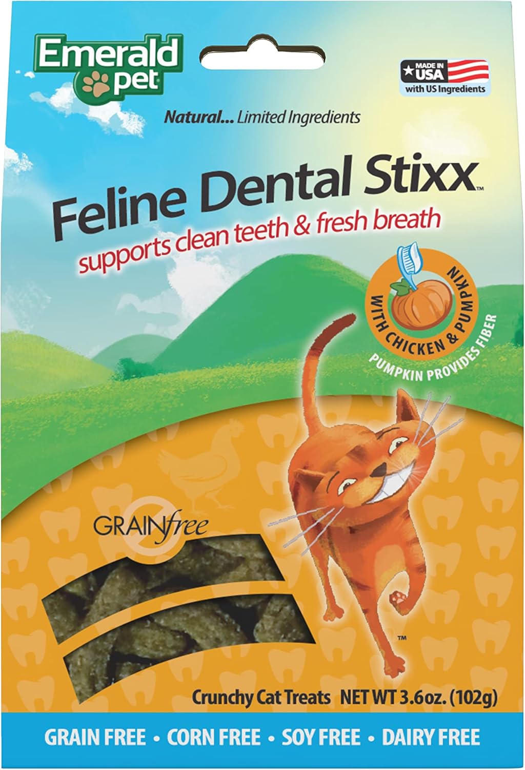 Emerald Pet Feline Dental Stixx — Tasty and Crunchy Cat Dental Sticks with Pumpkin for Digestive Health — Natural Grain Free Dental Treats for Clean Cat Teeth and Fresh Breath — Chicken Stixx, 3.6 oz