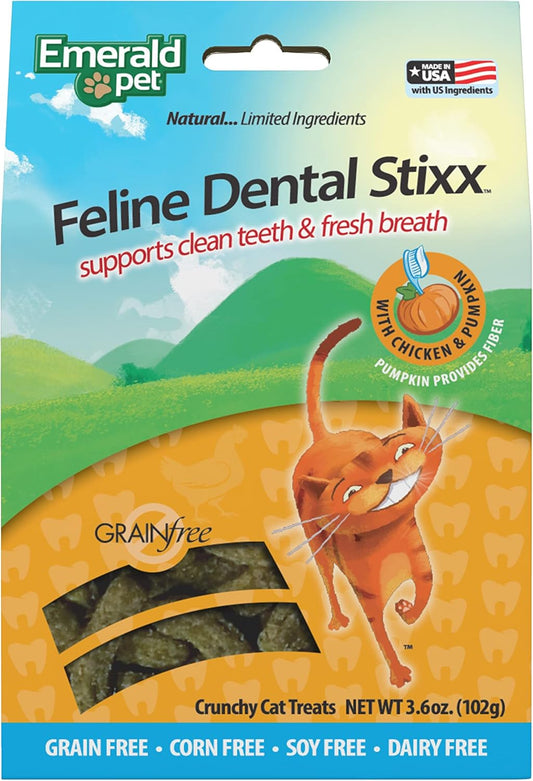 Emerald Pet Feline Dental Stixx — Tasty and Crunchy Cat Dental Sticks with Pumpkin for Digestive Health — Natural Grain Free Dental Treats for Clean Cat Teeth and Fresh Breath — Chicken Stixx, 3.6 oz