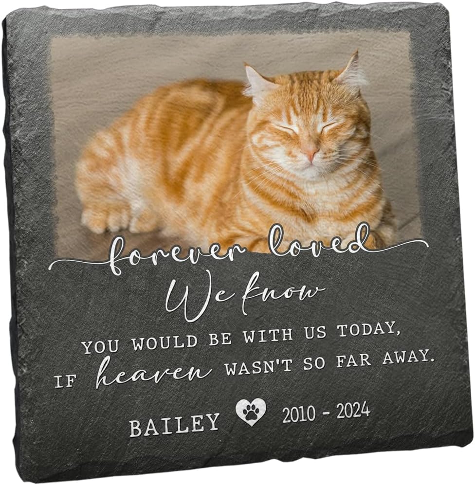Pet Memorial Stone - Square Shaped & Personalized Sympathy Gift Baskets, Heaven Not Far Phrase, Forever Loved Dog & Cat Plaque, Ideal for Those Whose Pets Passed Away