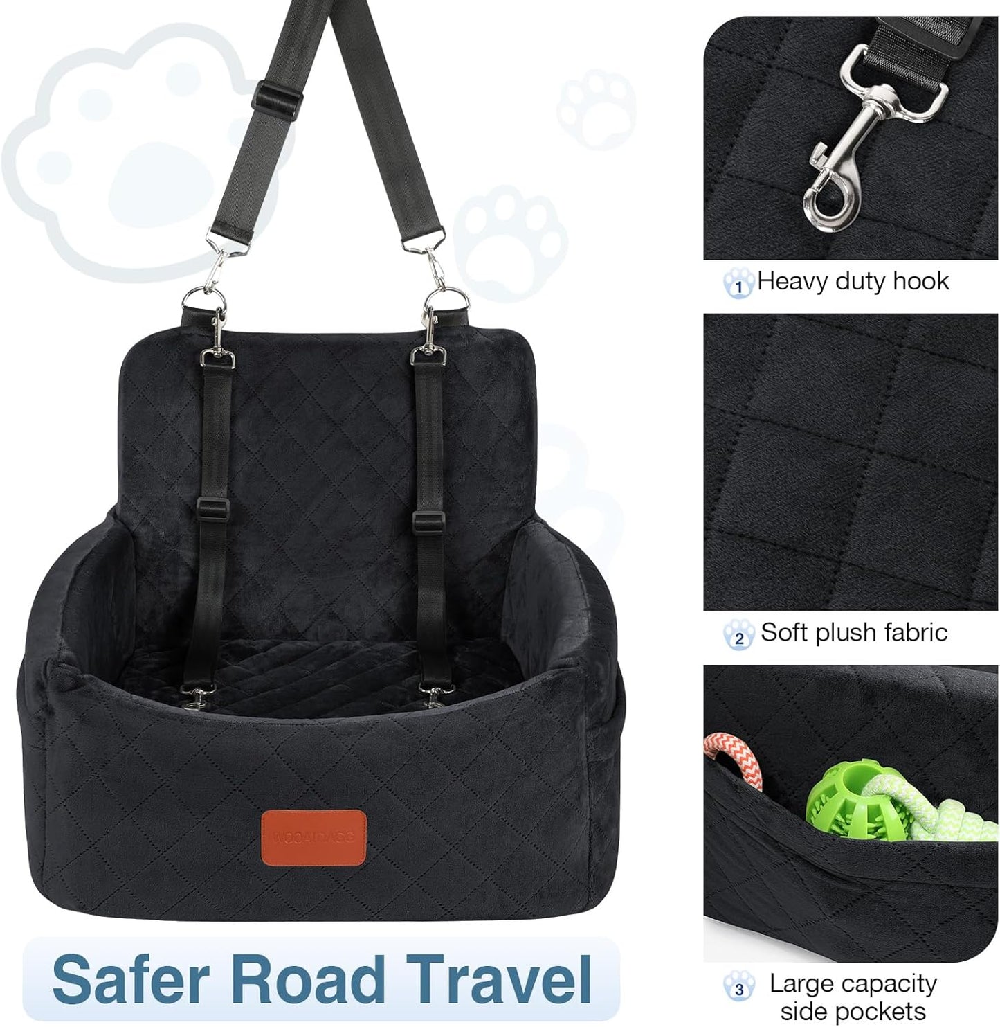 Dog Car Seat for Small Dogs Under 30lbs, Washable Pet Travel Car Bed with Memory Foam,Fully Detachable Cover,2 Storage Pockets & Safety Leash,Non-Slip Bottom(Black)