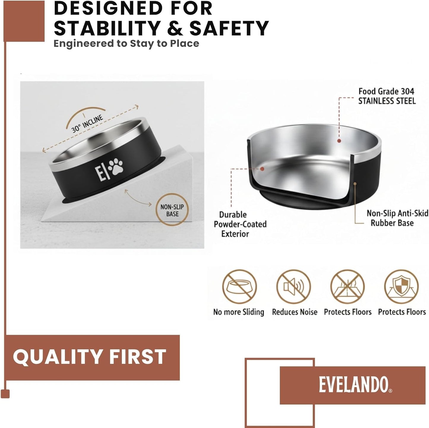 EVELANDO® 32 oz (4 Cups) Premium Stainless Steel Dog Bowl – Triple Insulated to Keep Water Fresh/Cold & Food Warm. Non-Slip Silicone Base, BPA Free Elegant Dish for Small/Medium Dogs & Medium Cats.