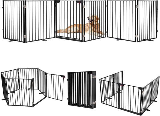 156" Dog Gate Extra Wide, Heavy Duty Metal Freestanding Dog Gate with Door for Indoor & Outdoor, Foldable Pet Fence for Doorways,House,Porch,Deck,Yard,Stairs, Auto Close(6 Panels,Black)