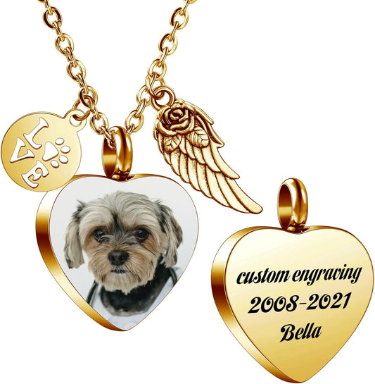 MeMeDIY Personalized Heart Paw Print Ashes Urn Pendant Necklace Custom Name/Photo/Date for Women Men Pet Lover Stainless Steel Memorial Dog Cat Pet Keepsake with Funnel Fill Kit Angel Wing