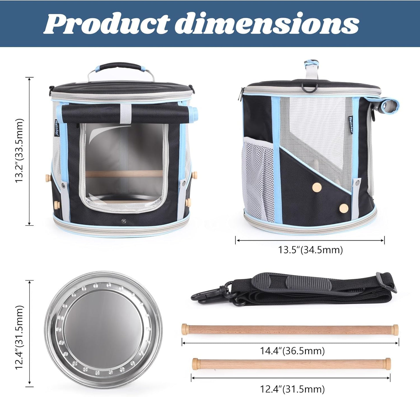 Bird Carrier with Clear Windows, Large Size, Portable Handle, 10 Ventilation Holes, Wooden Perch, Metal Tray, Side Access (Black Oxford, Medium)