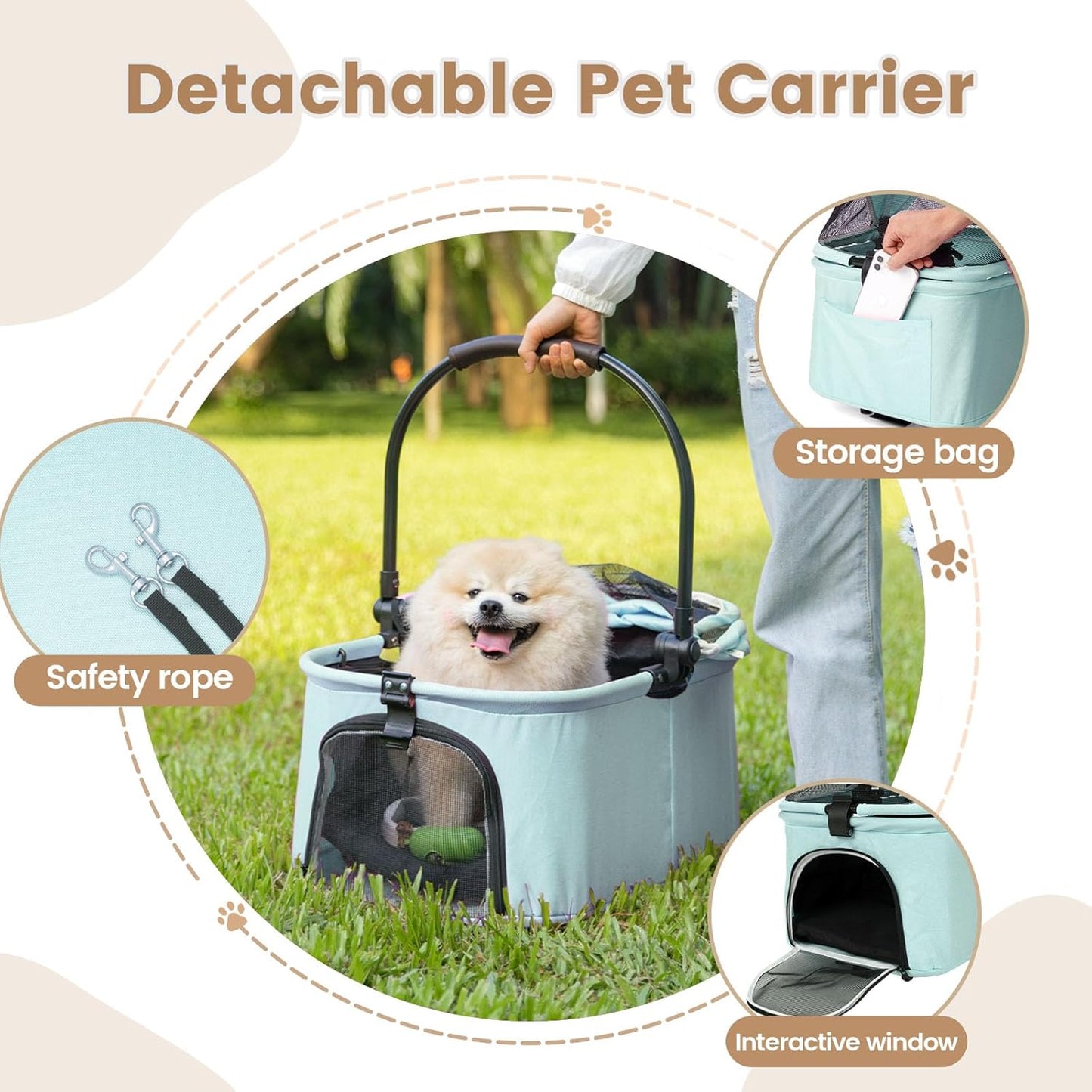 Pet Stroller, 4 Wheels Pet Strolling Cart for Medium/Small Dogs and Cats, Foldable Cat Jogger/Dog Stroller with Cup Holder, Storage Basket, Breathable Mesh, All-Season Pet Carrier (Tealblue)