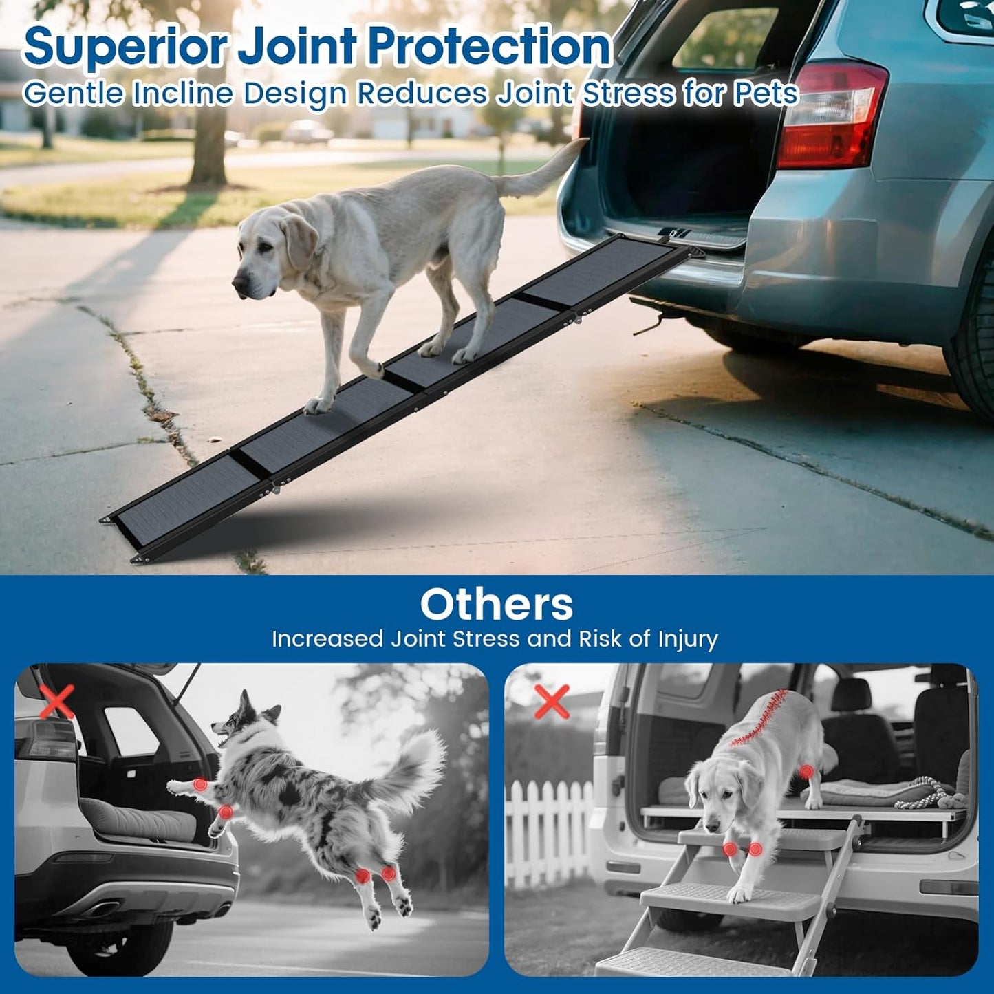 HBTower 63" Long & 17.3" Wide Folding Dog Ramp for Car, SUV & Truck – Portable Pet Ramp with Non-Slip Surface, Extra Wide Steps for Large Dogs Up to 250LBS