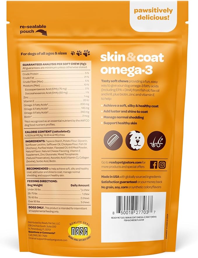 Skin and Coat Supplement for Dogs | Nourishing Omega 3 for Dogs with EPA DHA Krill Oil and Vitamin E | Dog Skin and Coat Supplement | 1 Chew up to 75lbs | NASC Certified & Made in The USA | 90 Chews