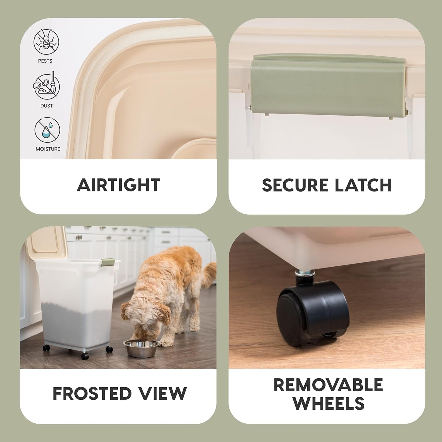 IRIS USA Airtight Dog Food Storage Container, WeatherPro, Up to 40 lbs, Removable Wheels, for Dog Cat Bird and Other Pet Food Storage Bin, Keep Fresh, Translucent Body, Made in USA, Pearl/Almond