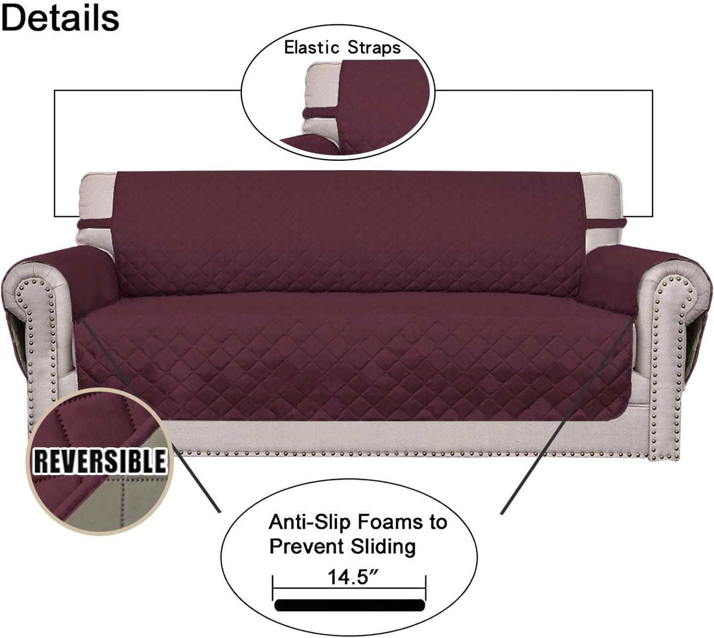 Easy-Going Reversible Oversized Couch Cover for 3 Cushion Couch Sofa Cover for Dogs Water Resistant Furniture Protector Cover with Foam Sticks for Pet (Oversized Sofa, Wine/Beige)
