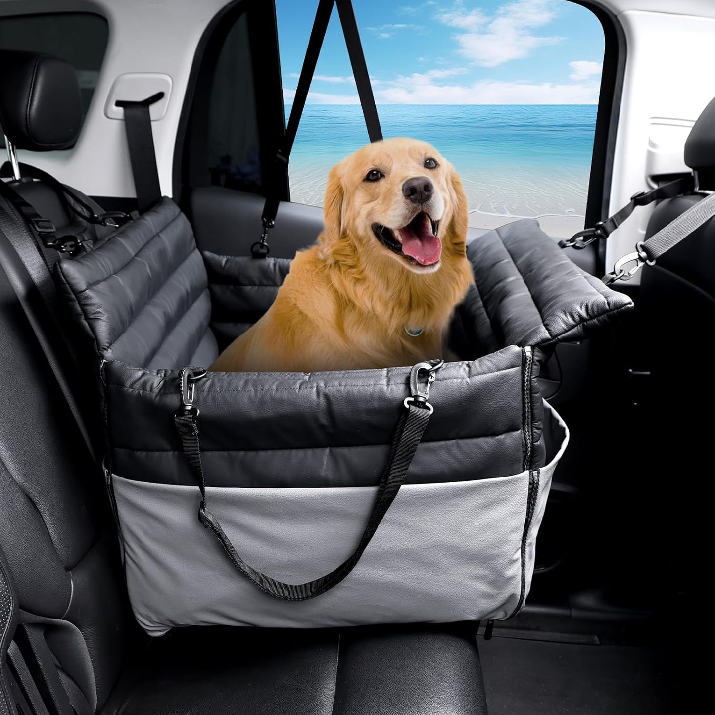 Dog Car Seat for Medium Pets: 2-in-1 Foldable Travel Booster with Waterproof PU Leather, Secure Safety Straps, Fits Pets Up to 45 lbs