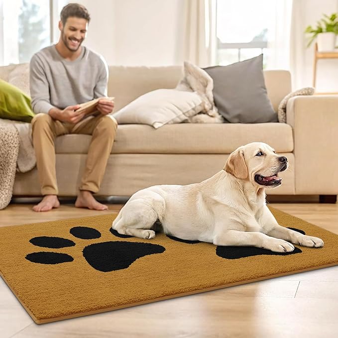 Buganda Dog Door Mat for Muddy Paws, Absorbent Dirt Trapper Washable Indoor Doormats, Non Slip Low-Profile Mud Mat for Dogs, Front Entrance Doormat for Inside Floor (30x20 Inches, Yellow and Black)