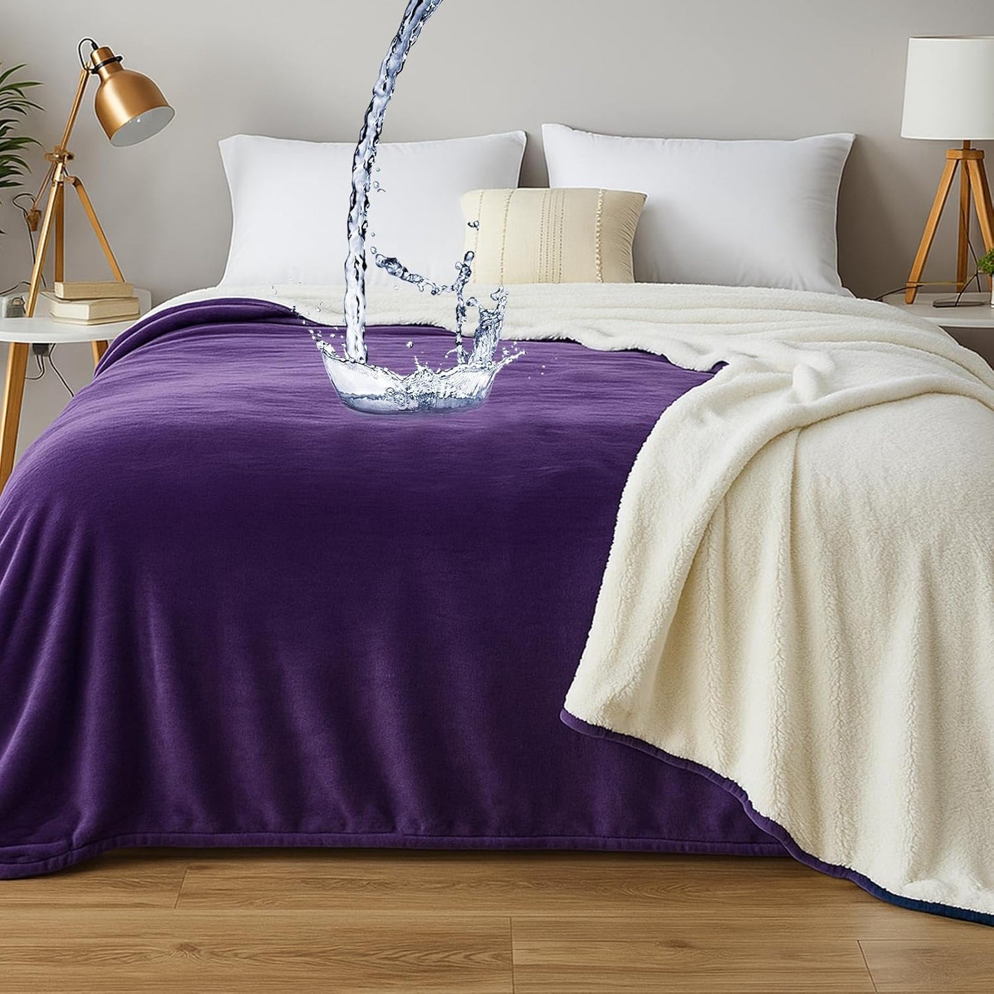 Love Purple Waterproof Bed Blanket, Queen Size 80'' x 80'' Double Side Leakproof Reversible Sherpa Flannel Fleece 3 Layer Lightweight Blanket, Absorbs 70oz