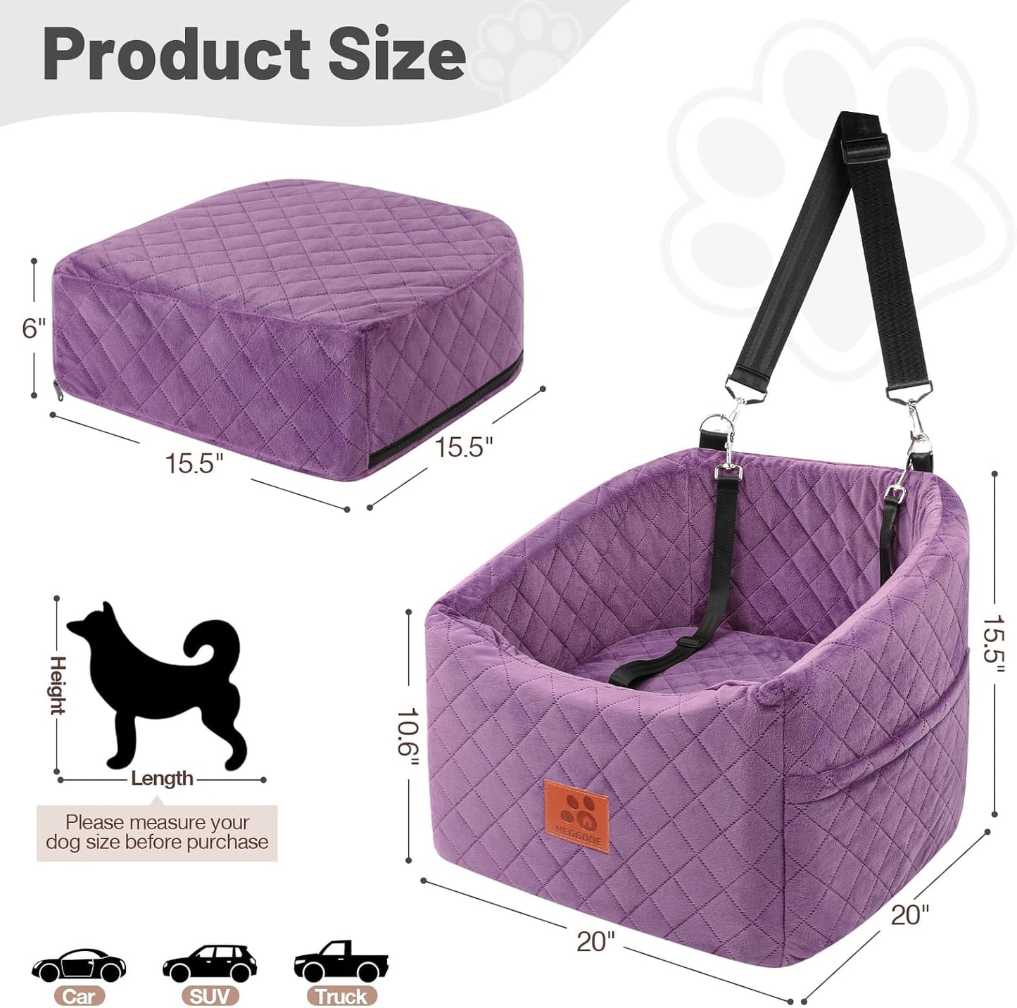Dog Car Seat for Small Medium Dogs, Memory Foam Pet Booster Seat for Dogs up to 35 lbs, Elevated Dog Carseat, Travel Safety Bed with Washable Removable Cover and Storage Pockets (Purple)