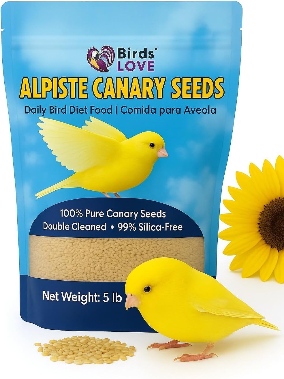 Birds LOVE Alpiste Canary Seed – 100% Pure, Non-GMO, Double Cleaned Food for Canaries, Finches, Budgies & Parakeets – No Additives, Bird Feed, 5 lbs