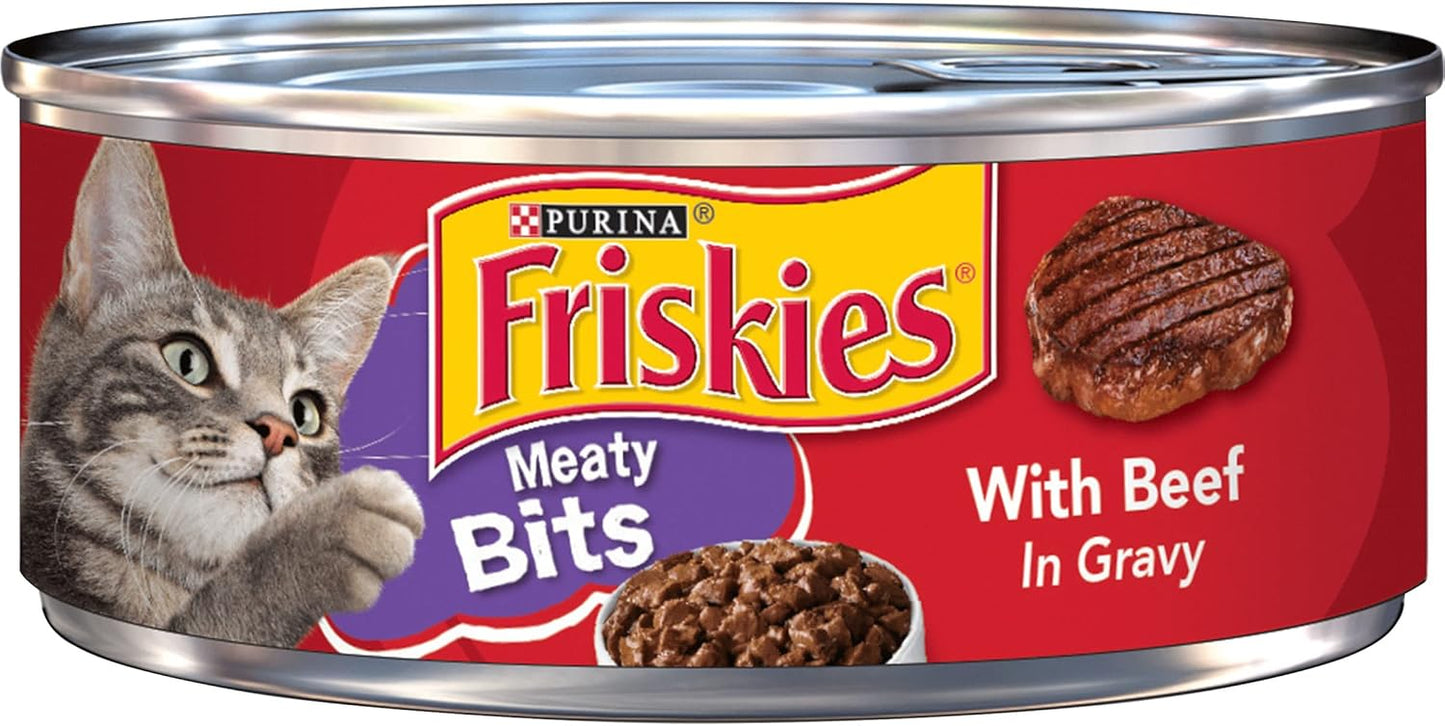 Purina Friskies Meaty Bits Wet Cat Food, with Beef in Gravy, Made with Real Beef, Canned Wet Cat Food for Adult Cats, 5.5-Ounce Recyclable Can (Pack of 12)