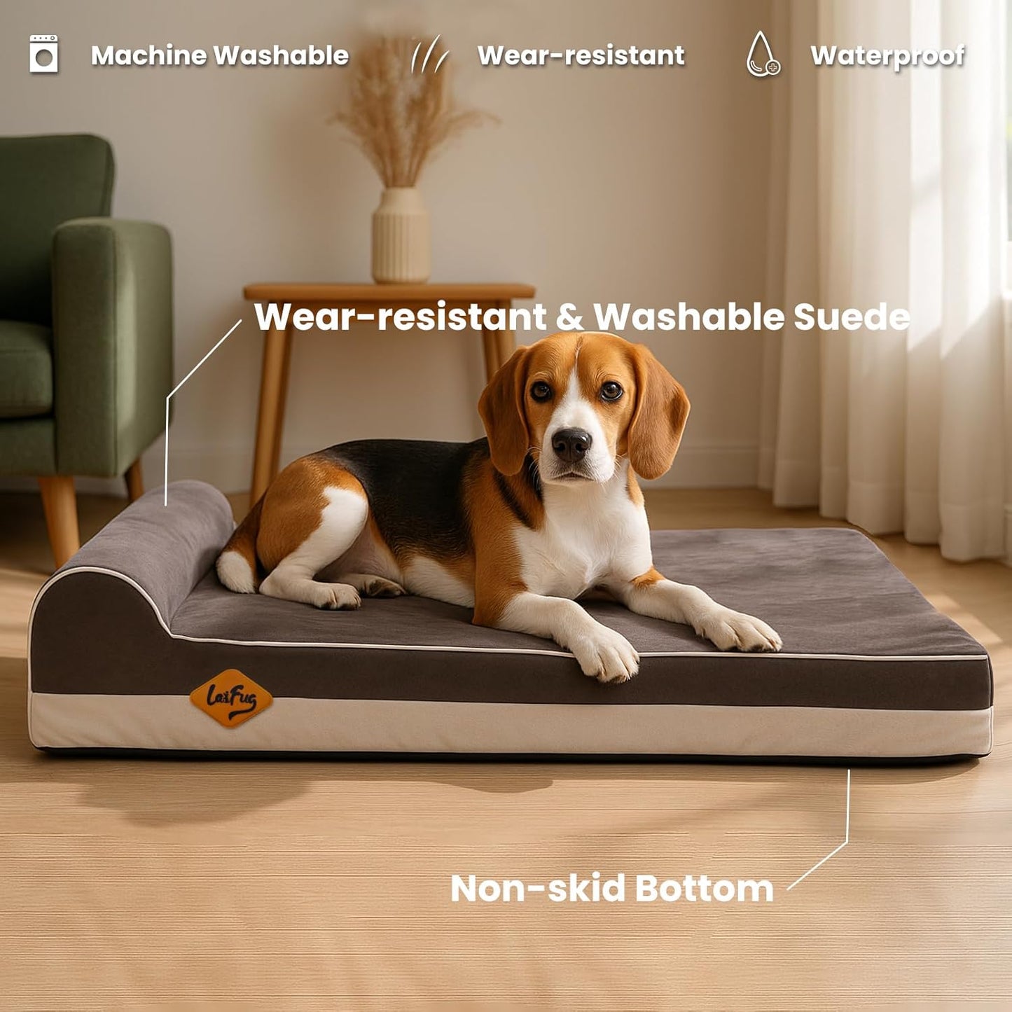 Laifug Orthopedic Memory Foam Dog Bed with Pillow and Durable Water Proof Liner & Removable Washable Cover & Smart Design Medium (34"x22"x5.5"), Grey