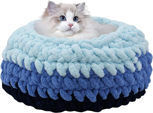 Ombre Gradient Round Cat Bed for Indoor Cats, Chunky Knit Washable & Plush Pet Bed, Cozy Nest with Non-Slip Bottom for Small Medium Cats