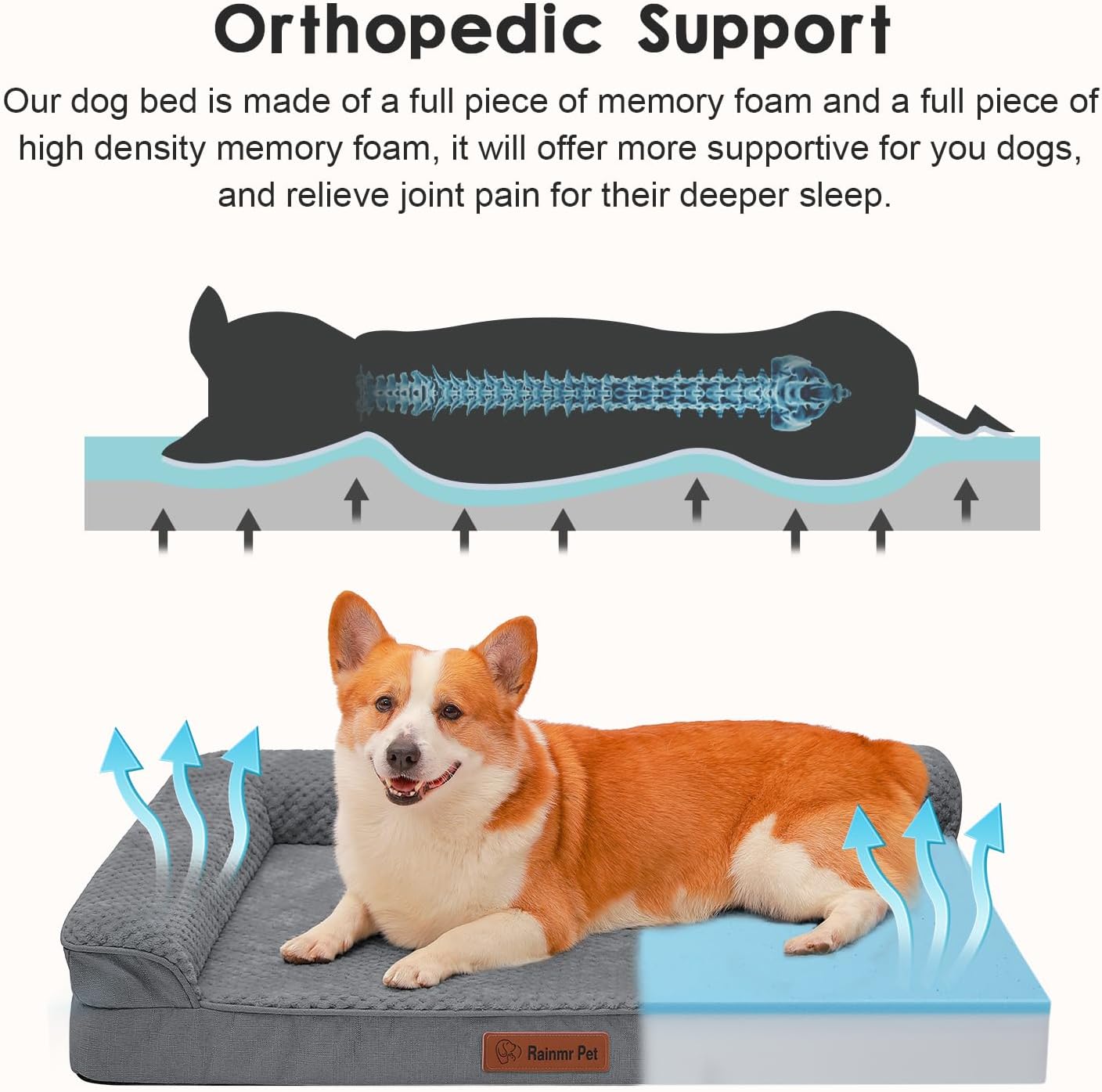 Orthopedic Dog Beds Large Sized Dog, Memory Foam Pet Bed for Medium and Large Dogs, Washable Removable Cover, Nonskid Bottom, Waterproof, 41x27x6 Inches, Dark Grey