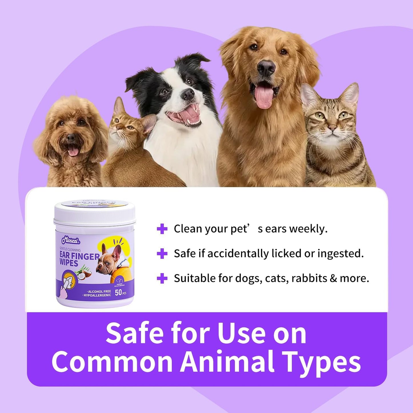 MIOSSZI Pet Finger Wipes for Dogs & Cats - Dog Ear Cleaner for Itch Relief Remove Wax & Odor, Dog Ear Cleaning Finger Wipes-Pet Ear Finger Wipes 50ct