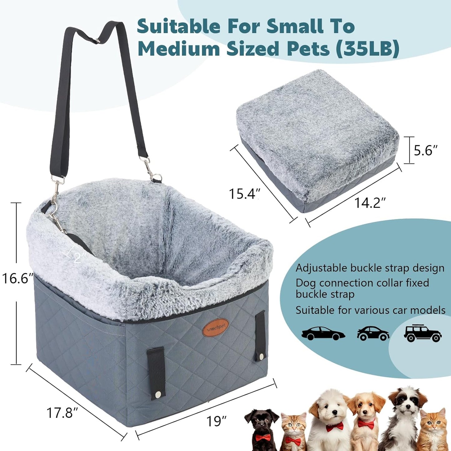 Dog Car Seat with Loops Dog Booster Seat for All Seasons, Anti Slip Bottom Pet Travel Bed with Thick Pets Sofa Cushion and Storage Pockets for Small Pets（Grey）