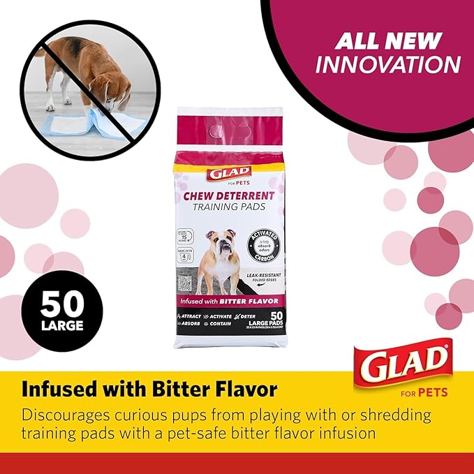 Glad for Pets Activated Carbon Puppy Training Pads with Chew Deterrent, 23”x23” | Ultra Absorbent, Odor Control, Heavy Duty Puppy Potty Training Pads| New & Improved Quality Puppy Pee Pads - 6 Pack