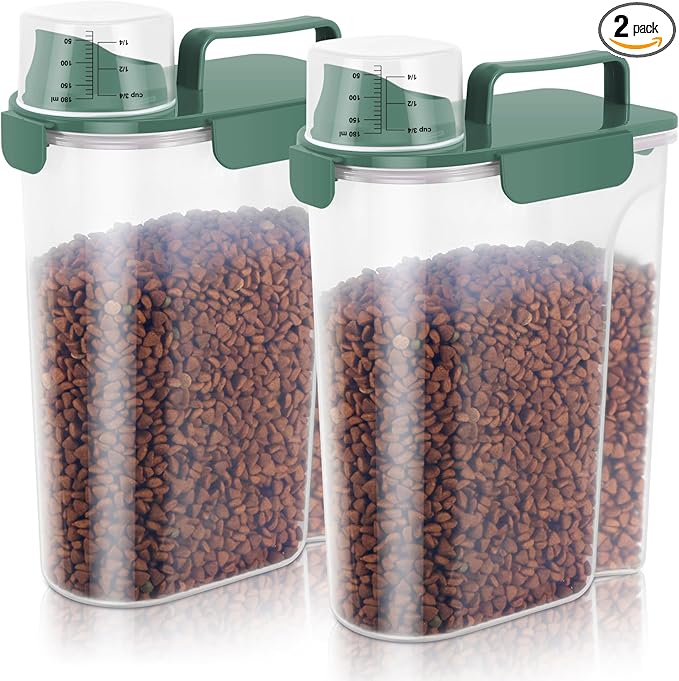 5lbs Cat Dog Storage Container Portable with Upgraded Large Spout and Cup, Plastic Pet Food Dispenser BPA-Free for Small Animal Kibble, Bird Seed, Oatmeal, Rice, Flour, Brown Sugart-2 Set Royal Green