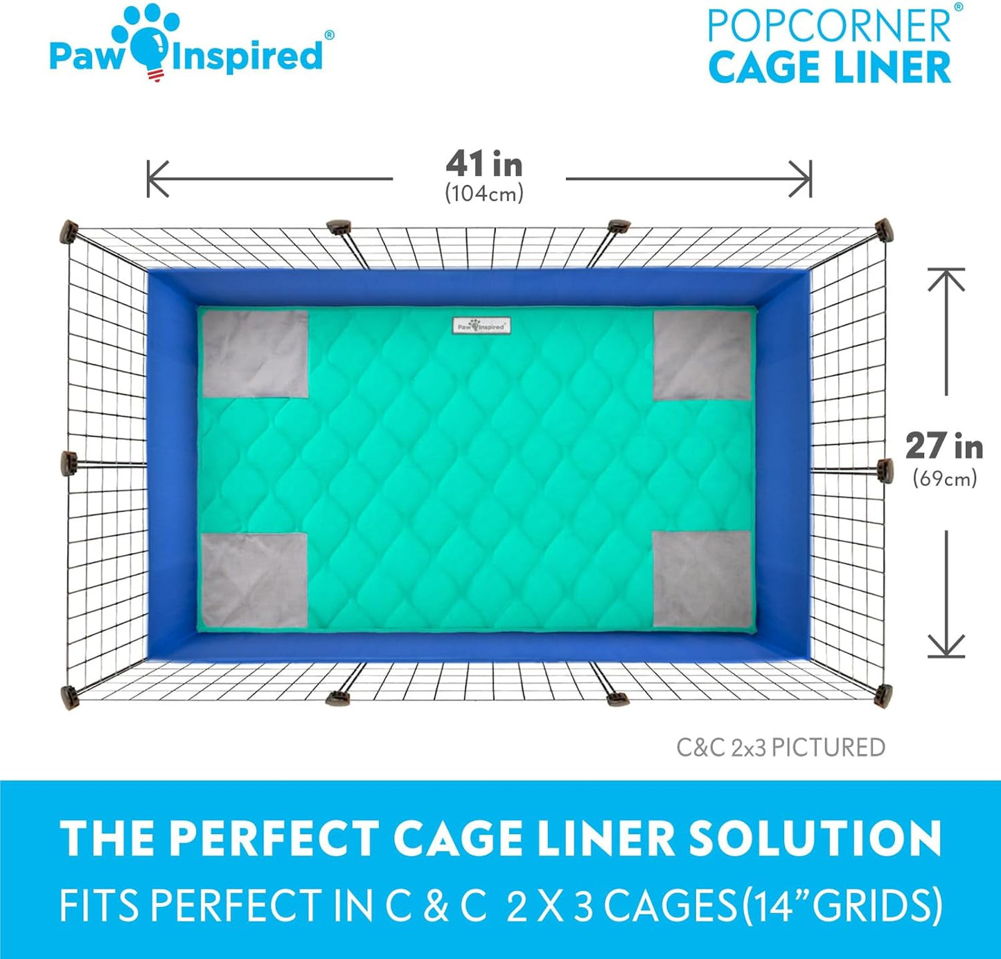 Paw Inspired PopCorner Guinea Pig Cage Liners | Washable Fleece Bedding or Pet Bed Mat for Small Animals | Super Absorbent Pee Pad with Reinforced Corners and Waterproof Bottom (C&C 2x3, Green)