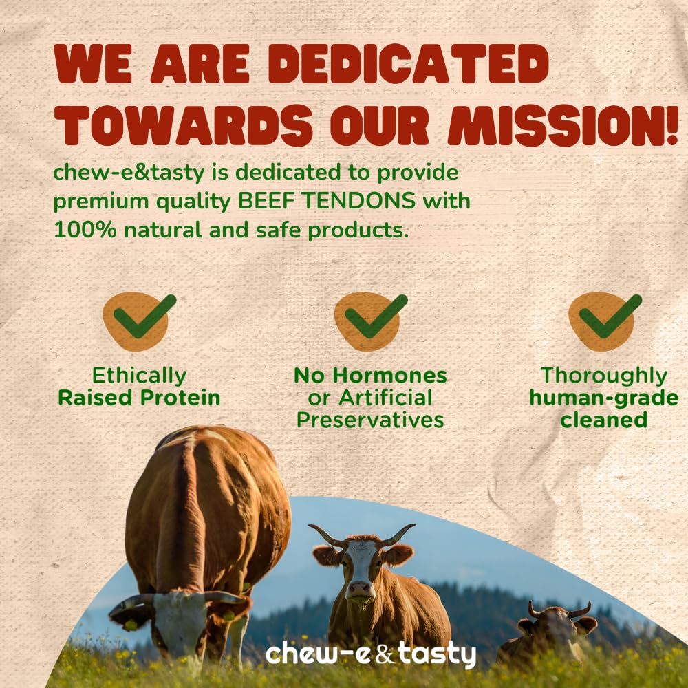 chew-e&tasty Beef Tendon Chews for Dogs (7-10 Inch, 6 Pack), All Natural Rawhide Free Dog Chews, Long Lasting w/Chondroitin & Glucosamine, Dental Health for Small, Medium, Large Dogs