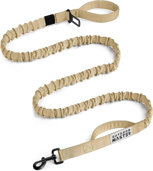 OutdoorMaster Bungee Dog Leash, Heavy Duty Dog Leash with Shock Absorption, 2 Padded Handles Training Leash,1 Seat Belt Clip, Improved Dog Safety and Comfort - Khaki Upgraded, 6 FT