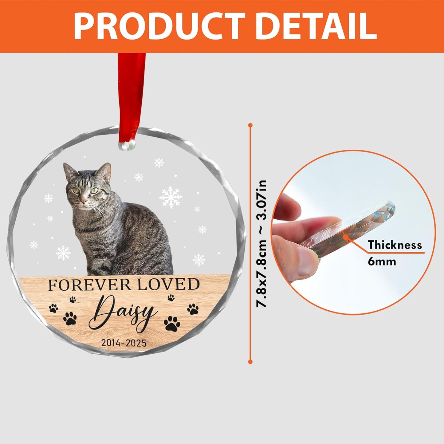 Personalized Cat Memorial Ornament, Pet Loss Remembrance, Cat Lover Keepsake, Photo Custom, Forever Loved Glass Ornament